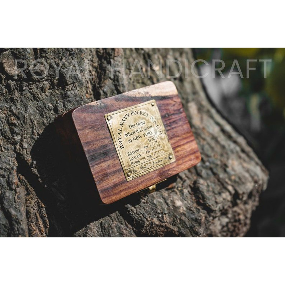 Stylish Pocket Watch Victorian Brass London 1876 Steampunk Chain And Battery With Wooden Box 2