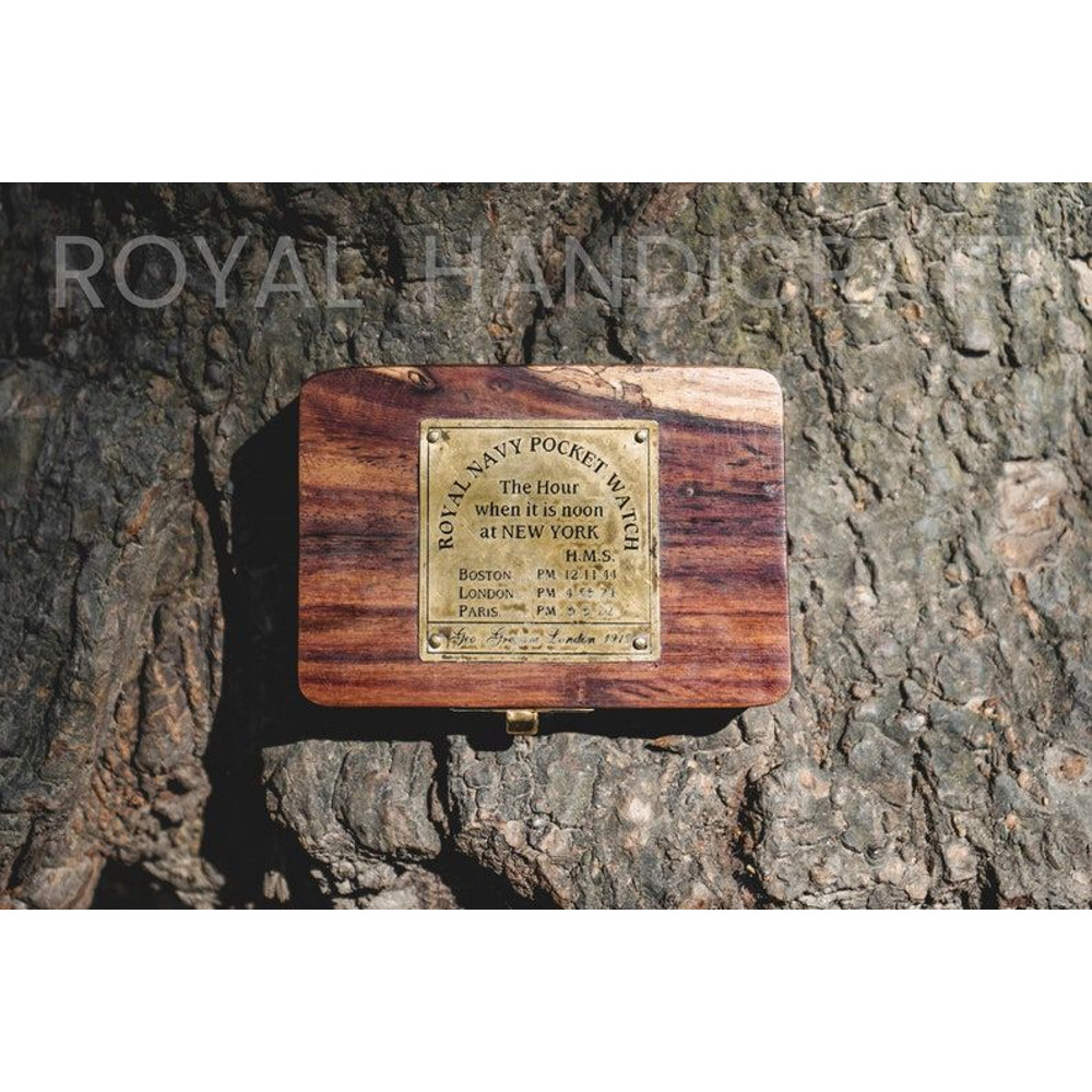 Stylish Pocket Watch Victorian Brass London 1876 Steampunk Chain And Battery With Wooden Box 3