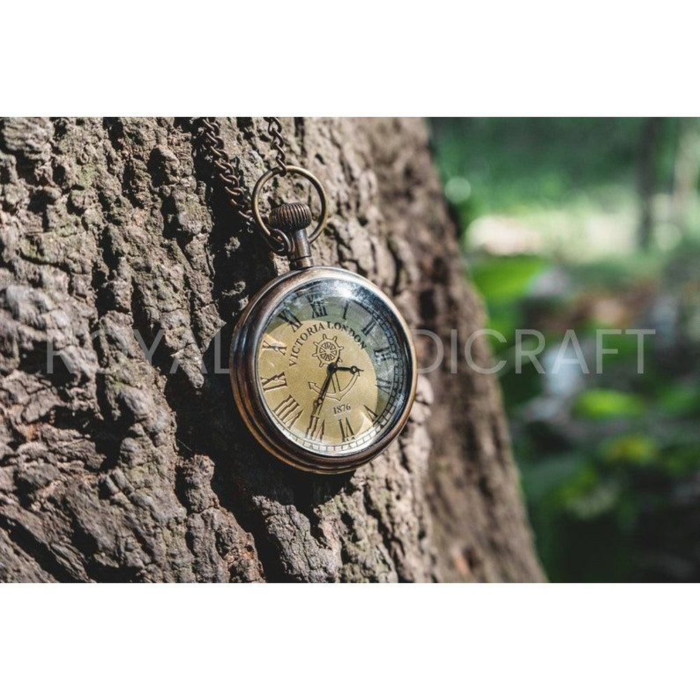 Stylish Pocket Watch Victorian Brass London 1876 Steampunk Chain And Battery With Wooden Box 5