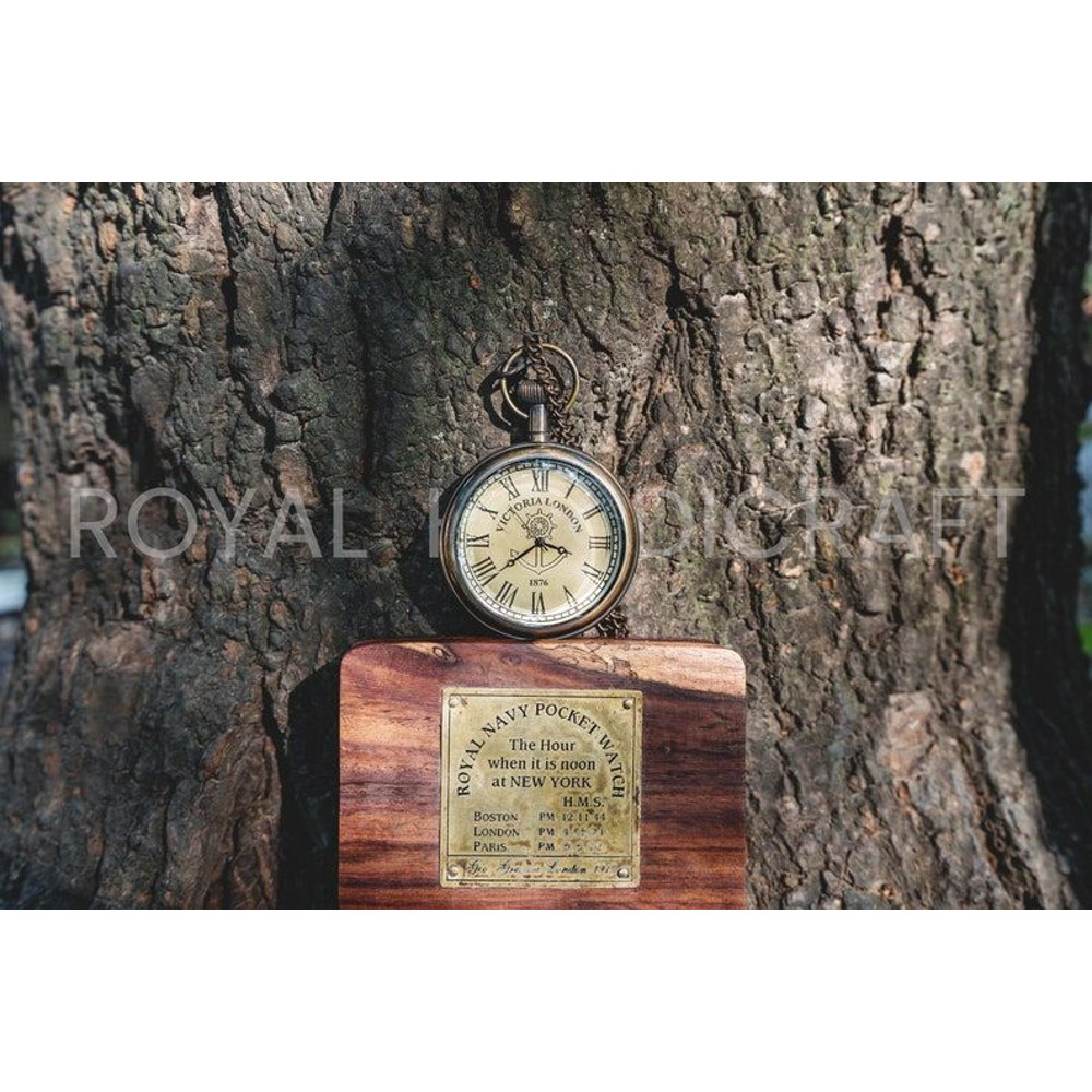 Stylish Pocket Watch Victorian Brass London 1876 Steampunk Chain And Battery With Wooden Box 7