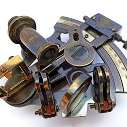 nautical brass working sextant, antique maritime navigational instrument with leather case, astrolabe ships instrument,