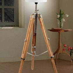 adjustable teak wood tripod floor lamp