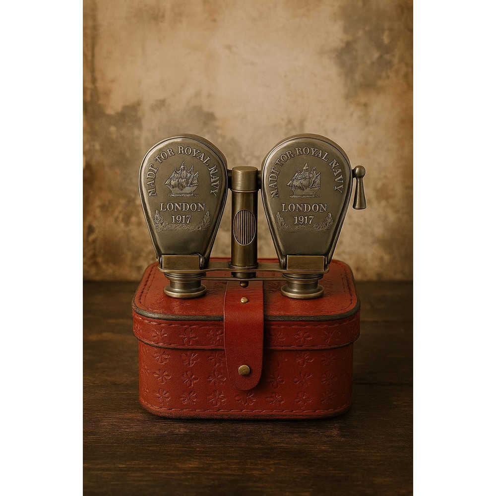 Royal Navy Brass Binoculars London 1917 Replica With Floral Leather Case 0