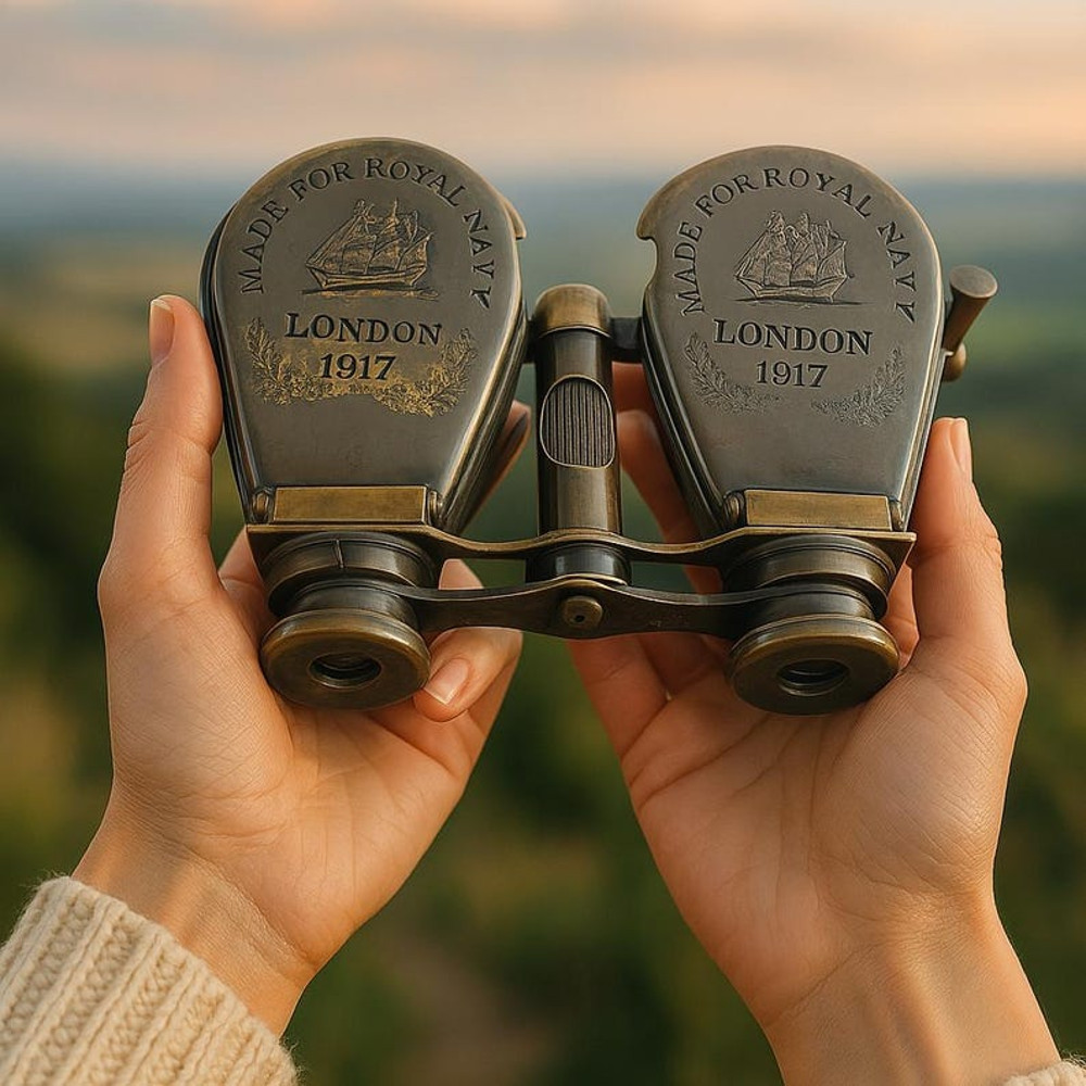 Royal Navy Brass Binoculars London 1917 Replica With Floral Leather Case 3