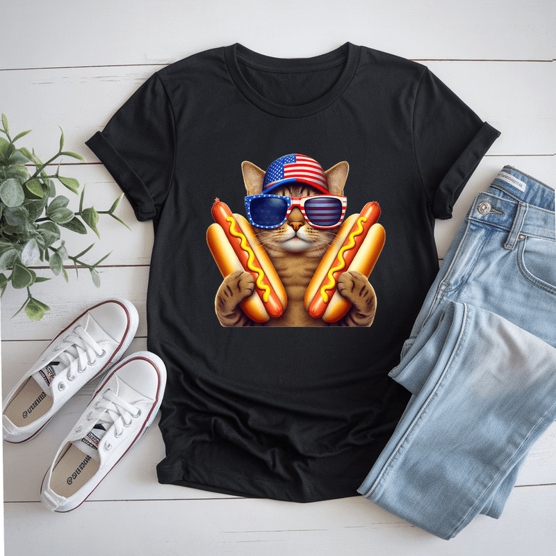 4Th Of July Hotdog Cat Funny Patriotic Cat Usa Flag Wiener TShirt 0