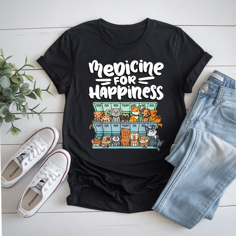 Medicine For Happiness Pill Box Animals Dog Breeds Puppies TShirt 0