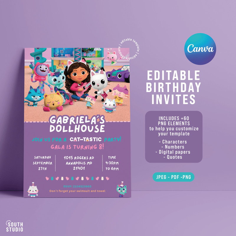EDITABLE Gabbys Dollhouse Invitation Gabbys Dollhouse Instant Download Invitation 0