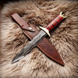 custom handmade damascus steel functional dagger 15 inches, kris blade, flamberge daggers battle ready, with sheath,leat