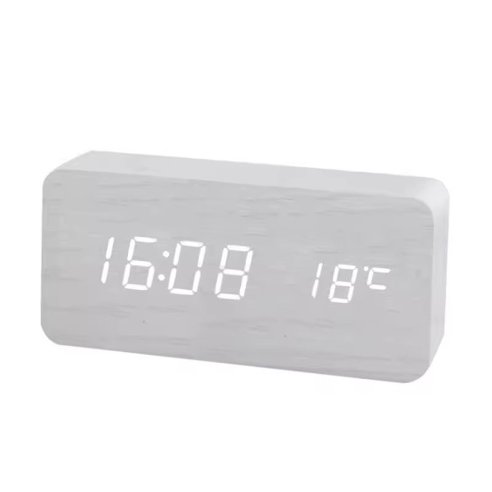 Wooden Digital LED Alarm Clock  Minimalist Desk And Bedside Clock With Temperature And Sound Contro 4