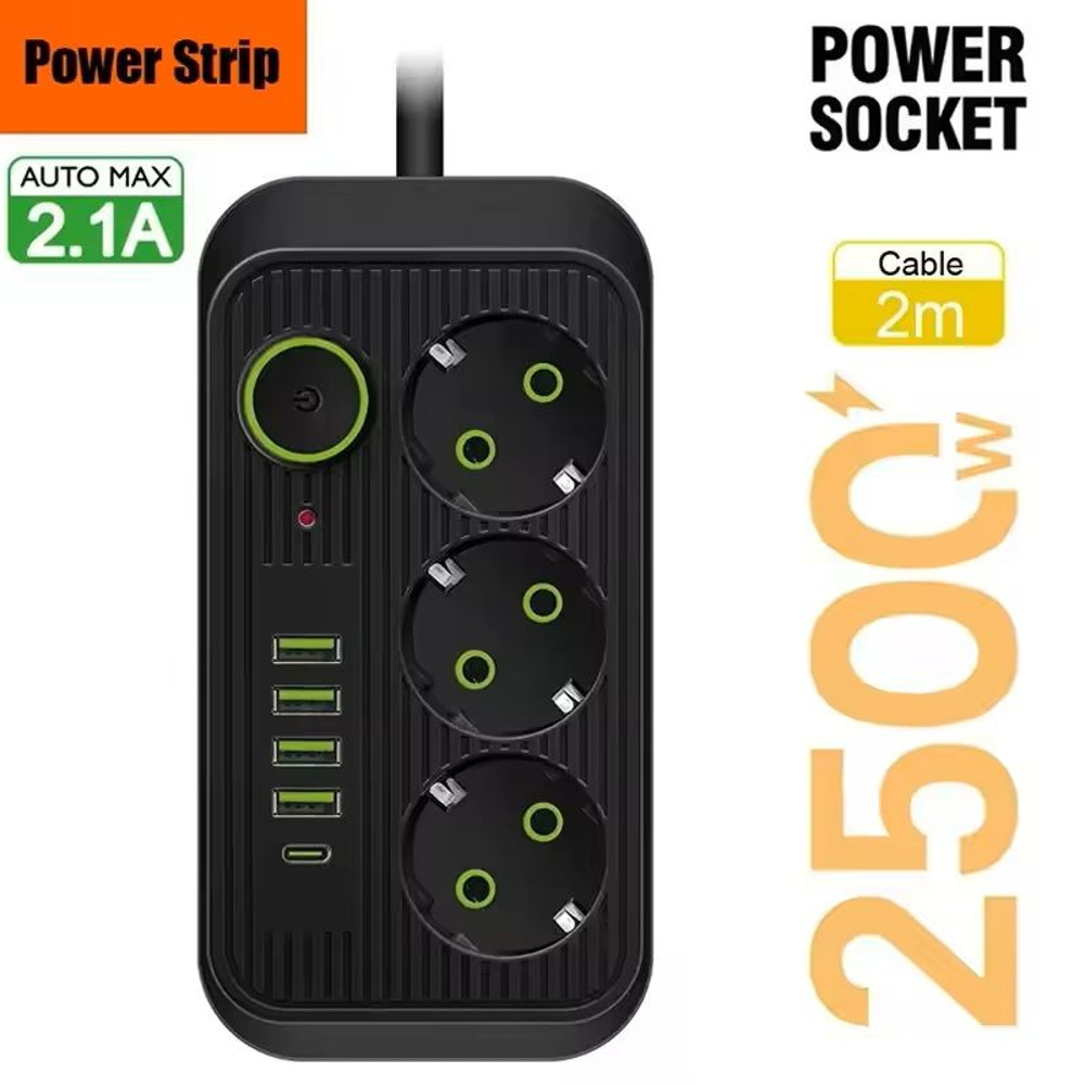 Smart EU Power Strip With USB TypeC 2M Extension Cord With 3 Outlets 4 USB Ports And Surge Protec 0
