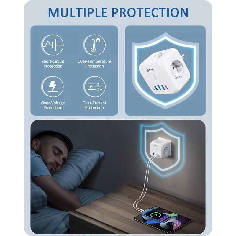 PowerHub 7in1 Wall Socket Extender EU Plug With 3 AC Outlets 3 USB Ports And TypeC Fast Charging 0
