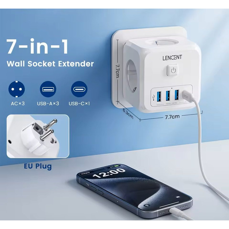 PowerHub 7in1 Wall Socket Extender EU Plug With 3 AC Outlets 3 USB Ports And TypeC Fast Charging 1