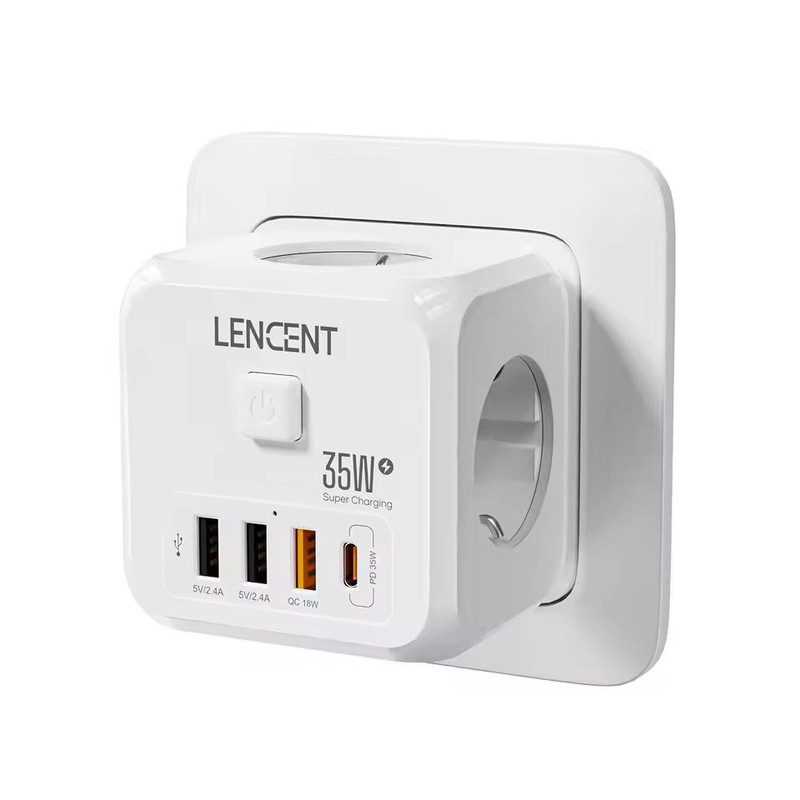 PowerHub 7in1 Wall Socket Extender EU Plug With 3 AC Outlets 3 USB Ports And TypeC Fast Charging 4