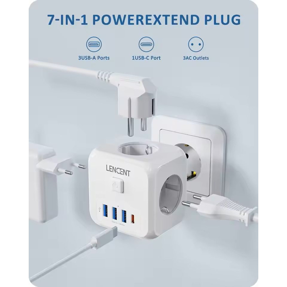 PowerHub 7in1 Wall Socket Extender EU Plug With 3 AC Outlets 3 USB Ports And TypeC Fast Charging 5