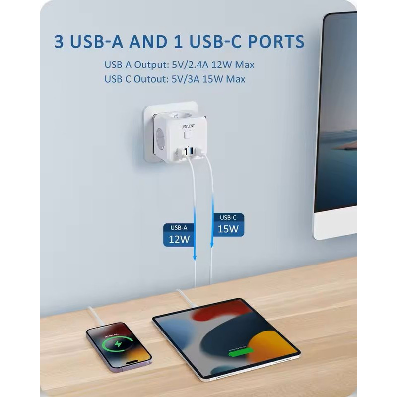 PowerHub 7in1 Wall Socket Extender EU Plug With 3 AC Outlets 3 USB Ports And TypeC Fast Charging 8