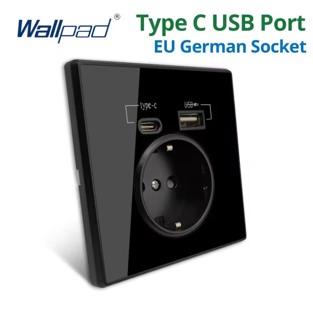 Sleek Crystal Panel Wall Outlet With Dual USB Charging TypeC TypeA Ports EU Standard 0