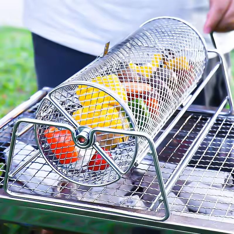 Stainless Steel Rotating BBQ Grill Basket For Roasting And Grilling 0