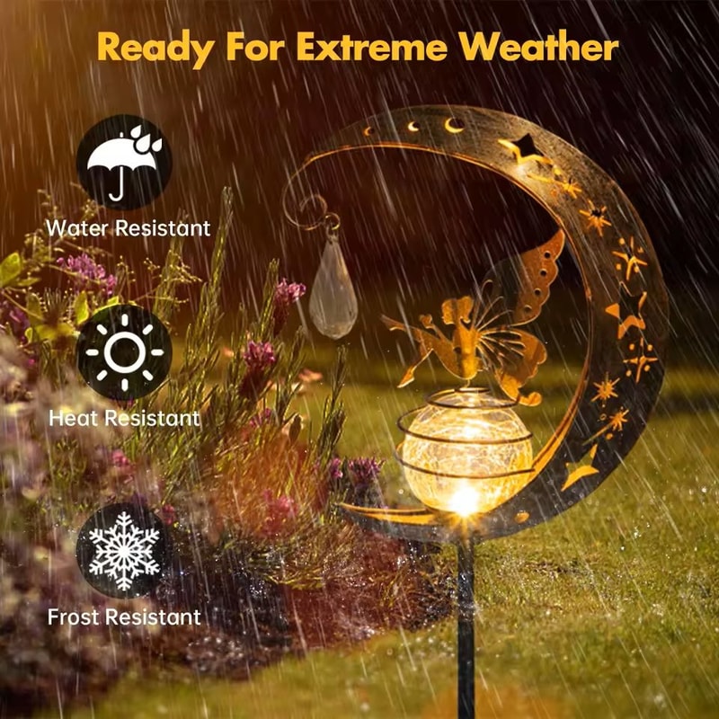 Solar Moon Fairy Garden Light With Crackle Glass Globe And Stake 2