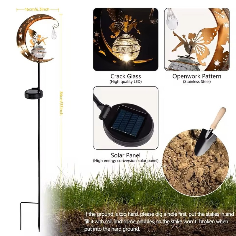 Solar Moon Fairy Garden Light With Crackle Glass Globe And Stake 3