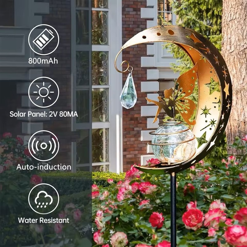 Solar Moon Fairy Garden Light With Crackle Glass Globe And Stake 6