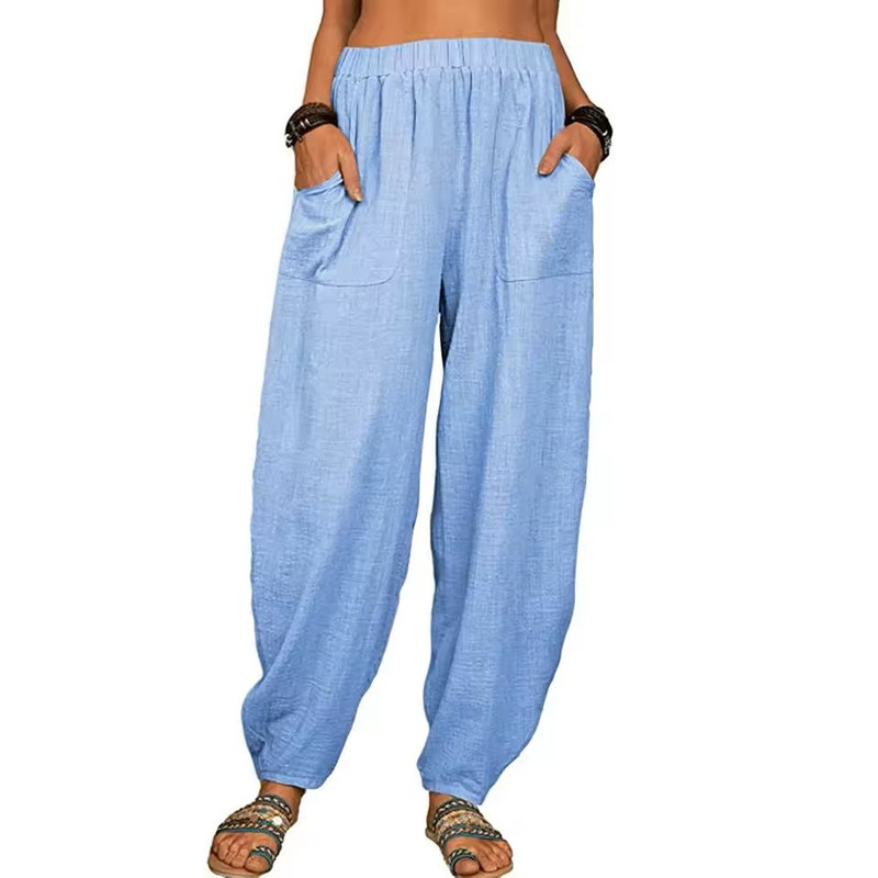Womens Cotton Linen Harem Pants With Pockets And Elastic Waist 11