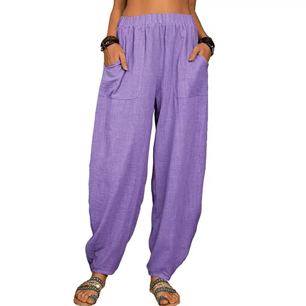 Womens Cotton Linen Harem Pants With Pockets And Elastic Waist 13