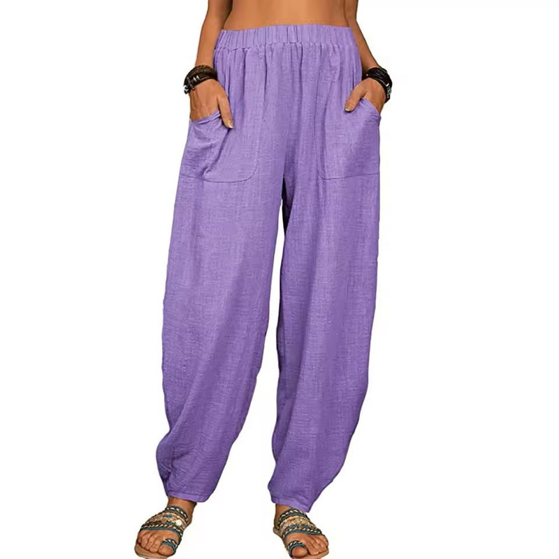 Womens Cotton Linen Harem Pants With Pockets And Elastic Waist 13
