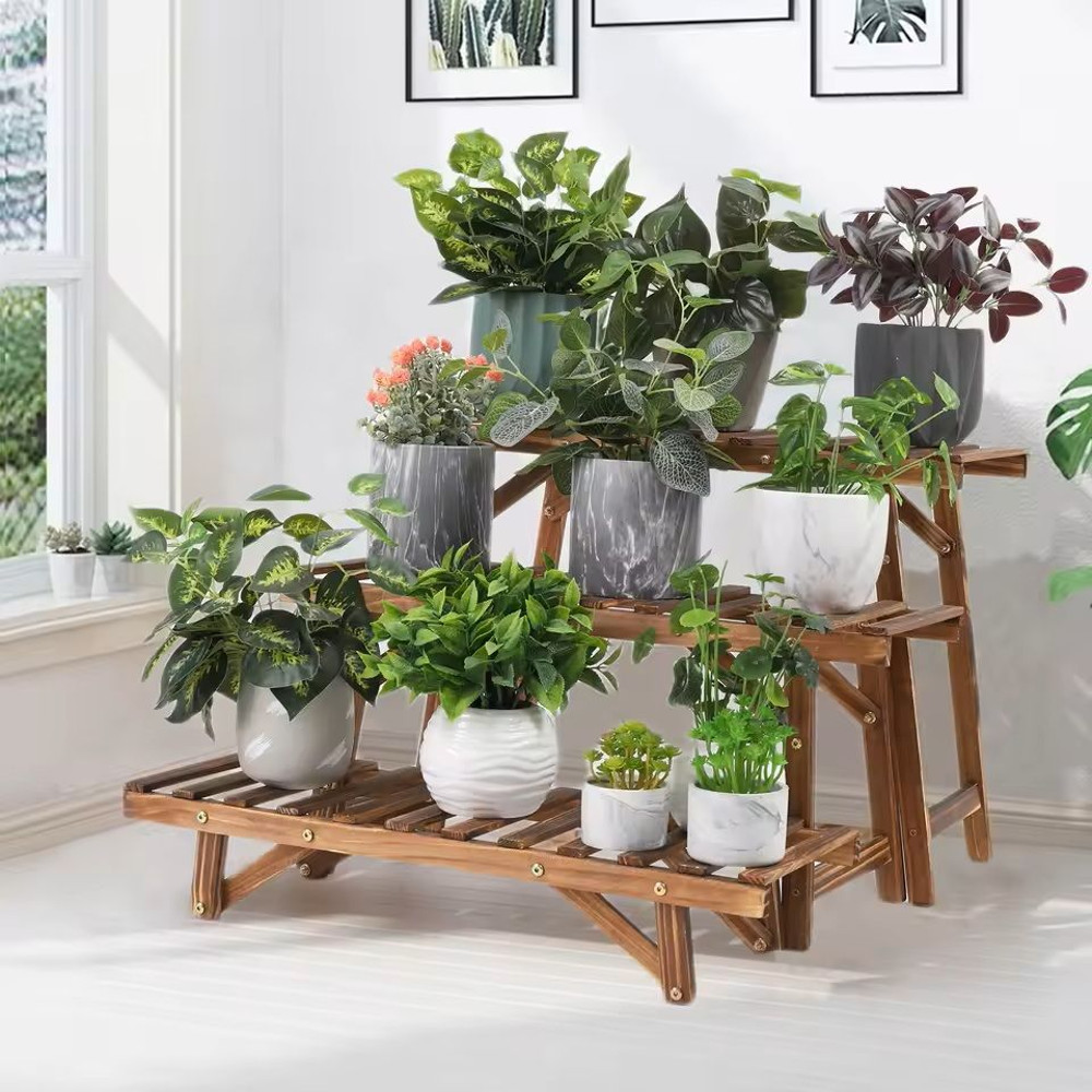 3Tier Wooden Ladder Plant Stand Indoor Outdoor Freestanding Shelf For Pots And Decor 0