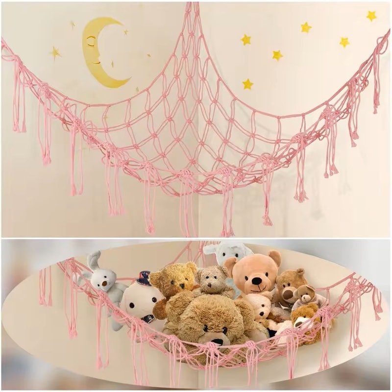 Macrame Toy Hammock Large Hanging Storage Net For Stuffed Animals Corner Organizer 0
