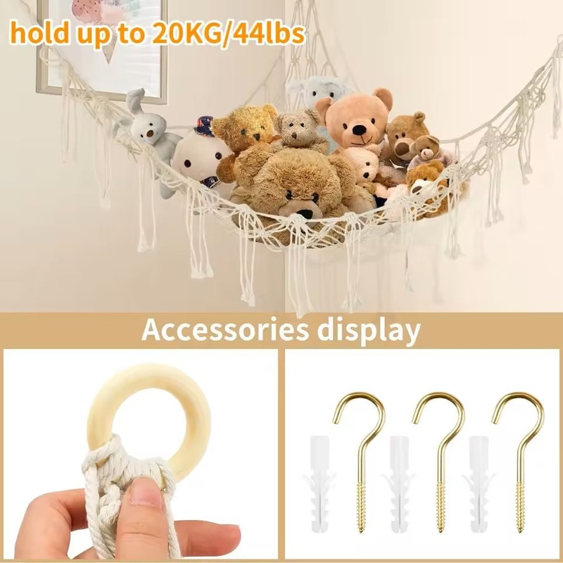 Macrame Toy Hammock Large Hanging Storage Net For Stuffed Animals Corner Organizer 6