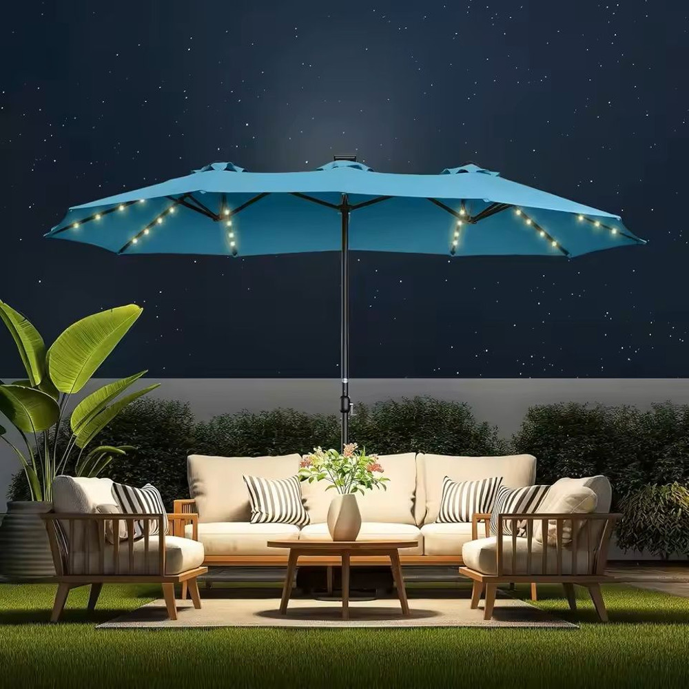 Extra Large Double Sided Patio Umbrella With Solar Lights And Base 1