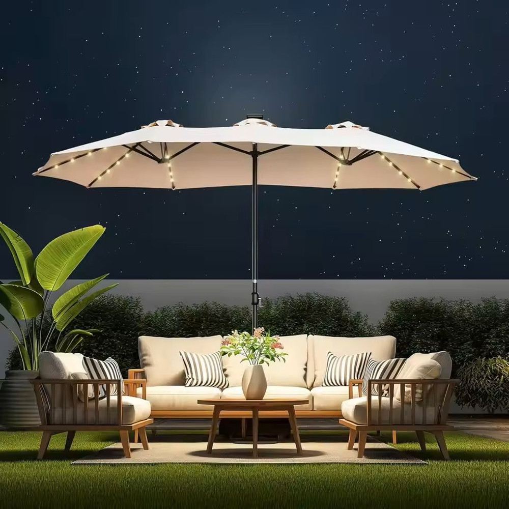 Extra Large Double Sided Patio Umbrella With Solar Lights And Base 12