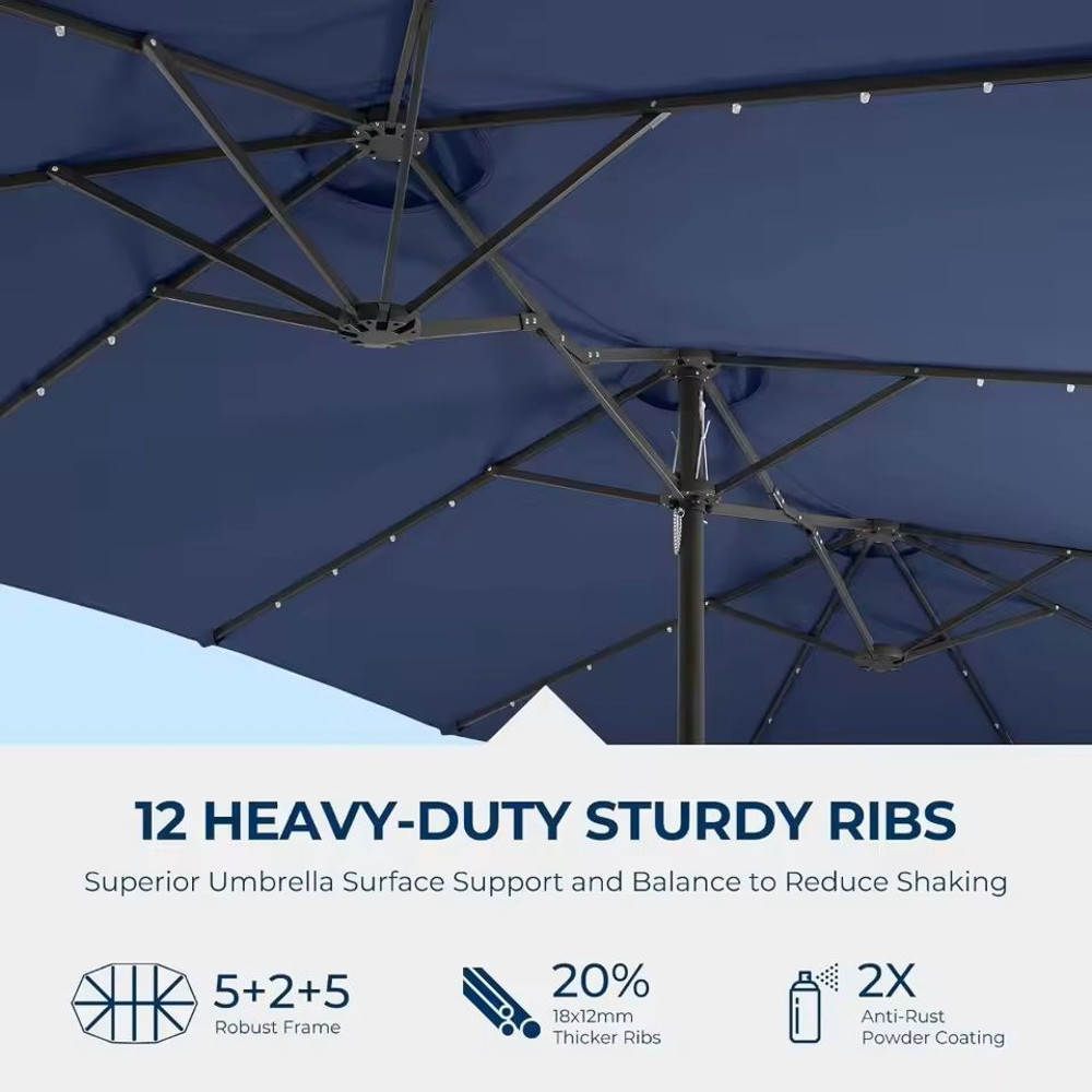 Extra Large Double Sided Patio Umbrella With Solar Lights And Base 13