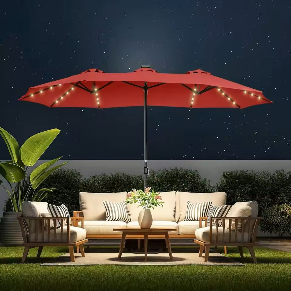 Extra Large Double Sided Patio Umbrella With Solar Lights And Base 6