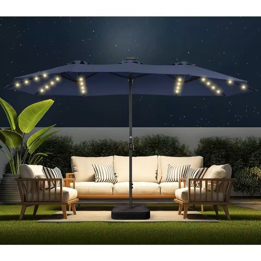 Extra Large Double Sided Patio Umbrella With Solar Lights And Base 7