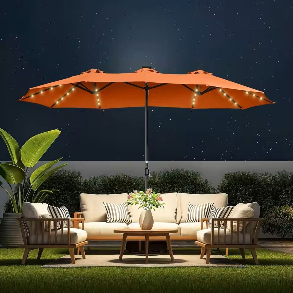Extra Large Double Sided Patio Umbrella With Solar Lights And Base 8