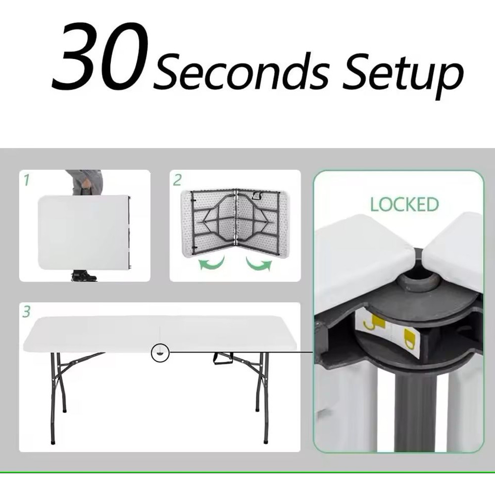 Foldable 6FT White Plastic Picnic Table With Locking Legs And Carry Handle 1