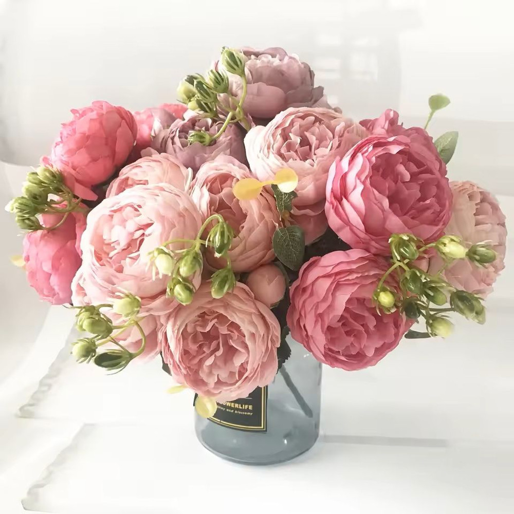 Rose Pink Silk Peony Bouquet With Buds For Home And Wedding Decor 10