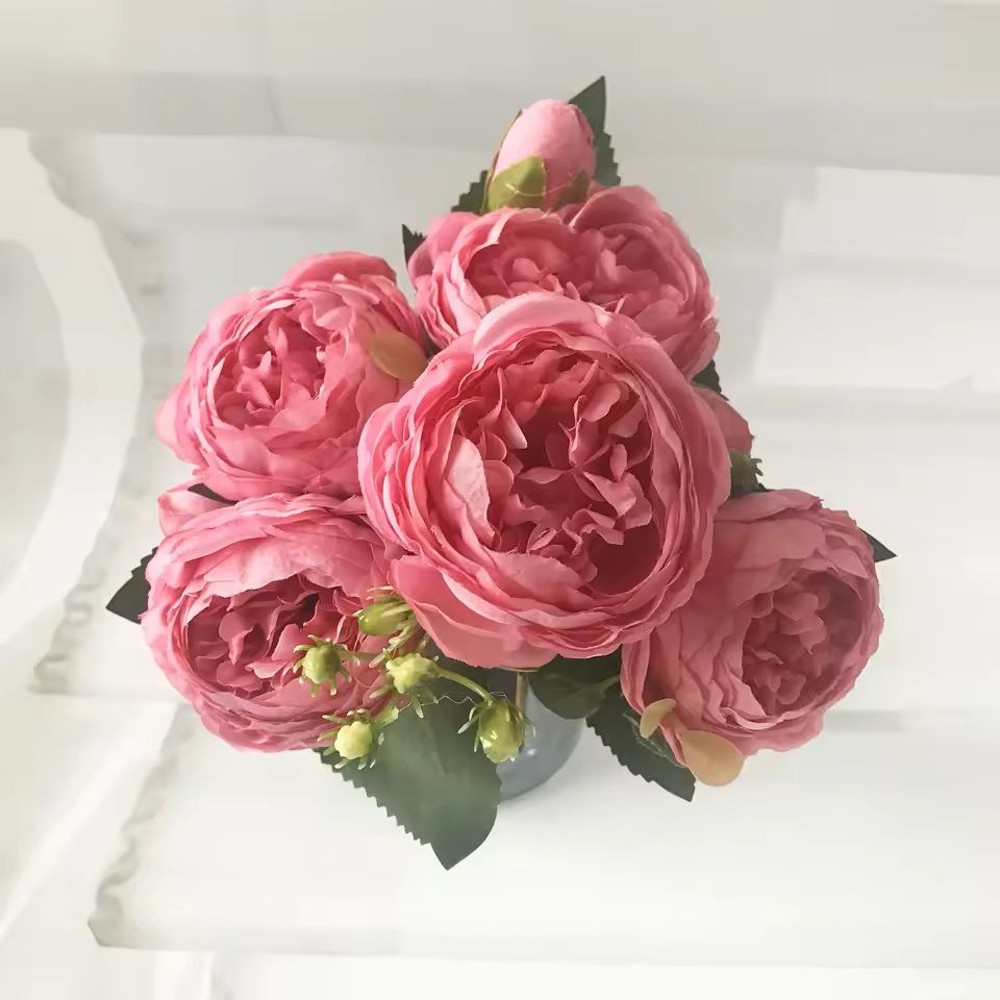 Rose Pink Silk Peony Bouquet With Buds For Home And Wedding Decor 12