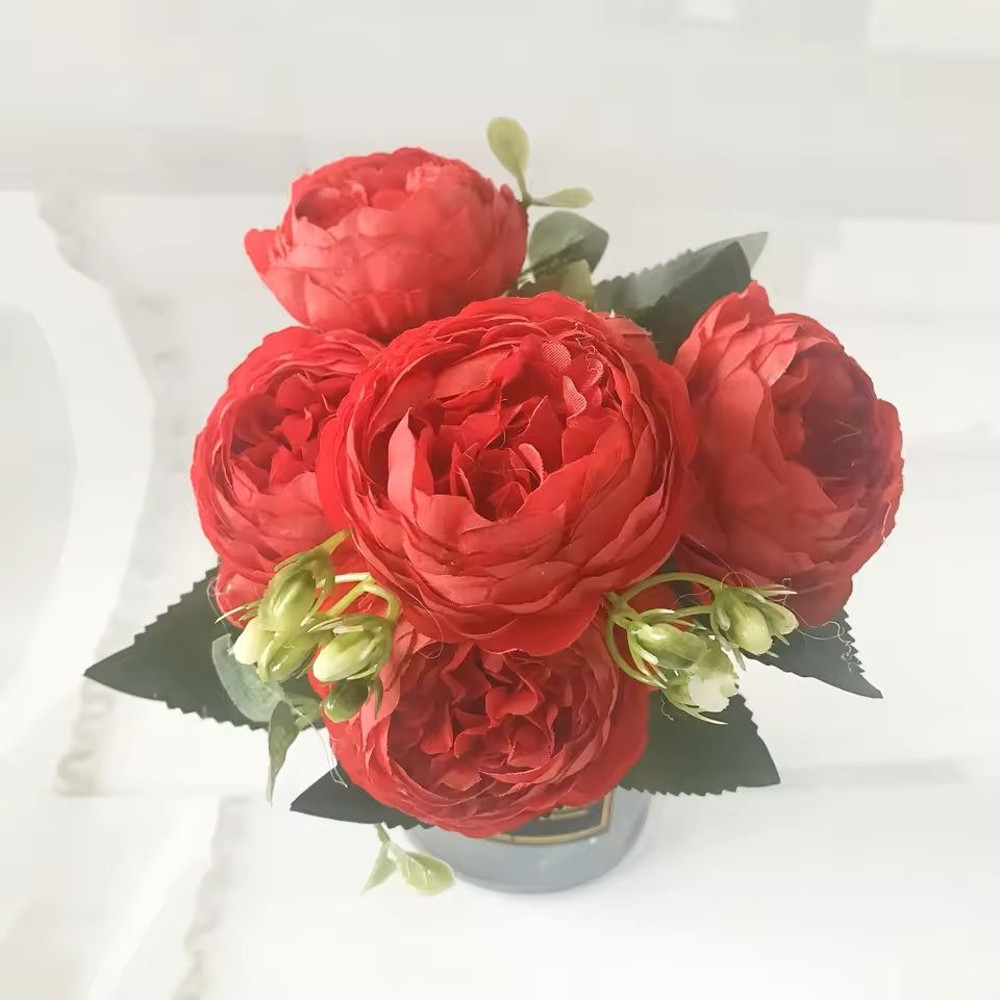 Rose Pink Silk Peony Bouquet With Buds For Home And Wedding Decor 5