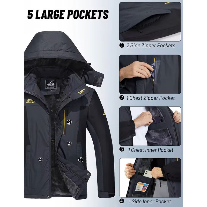 Mens Waterproof Ski Jacket With Fleece Lining And Removable Hood 4