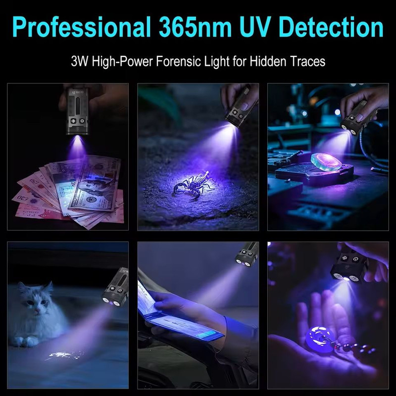 Keychain UV LED Work Flashlight With Magnet And Clip Rechargeable Via Type C 3