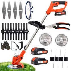 cordless string grass trimmer with blades and two batteries for lawn edging and weed cutting