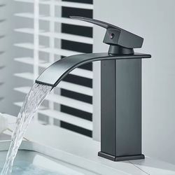 matte black waterfall bathroom faucet with single handle and hot cold mixer
