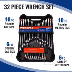 32 piece sae and metric wrench set with standard and stubby wrenches plus organizer