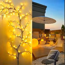 96 led solar willow vine string lights outdoor with 8 modes for balcony and garden decor