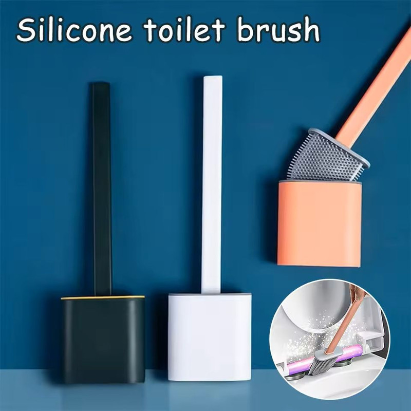 Flexible Silicone Toilet Brush With Long Handle And Wall Mount Holder 0