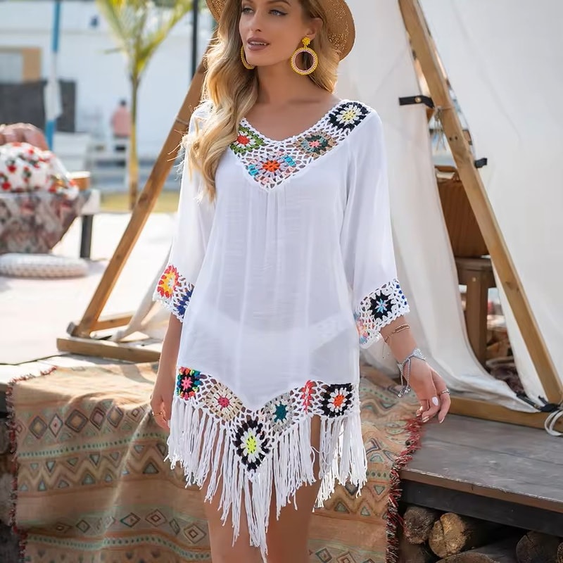 Crochet Fringe Bikini Cover Up Dress 0