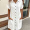 Vintage V Neck Cotton Linen Mini Dress Casual Summer ThreeQuarter Sleeve Holiday Style 0