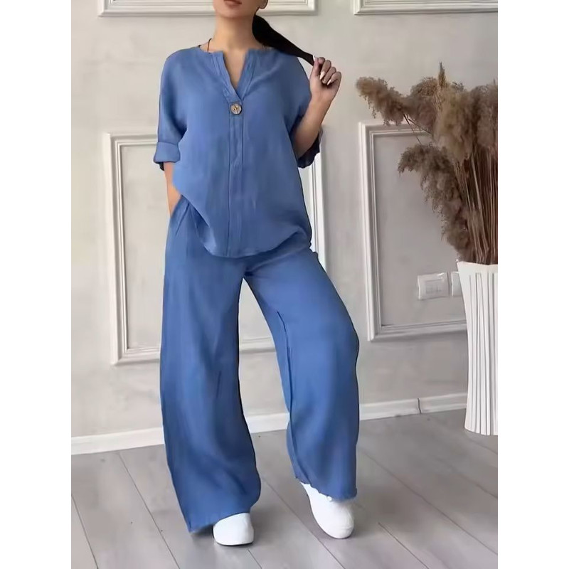 Womens Cotton Linen 2Piece Lounge Set Loose Long Sleeve Top And WideLeg Pants 9